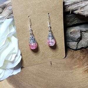 Hand Crafted Dangle Earrings With Pink & Clear Crackled Glass And Silver Accents